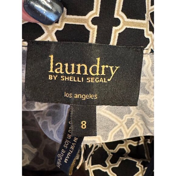 Laundry by Shelli Segal Dress Women 8‎ Black Ivory Greek Key Belted Button Front - Picture 9 of 11